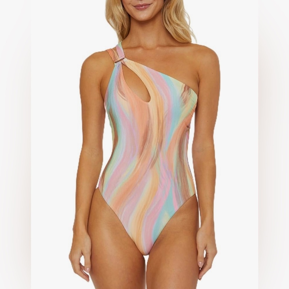 LARGE NWT Asymmetrical Pastel Striped Women's One Piece Bikini pink multi color